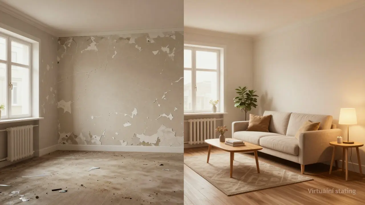 Dvě části obrázku: prázdný byt na levé straně, na pravé stejný prostor s virtuálně přidaným nábytkem a jemným označením „Virtuální staging“.