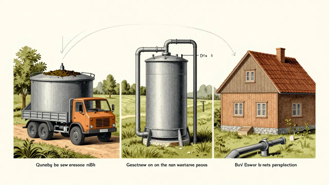 Ilustrace tří typů odpadních systémů pro české domácnosti: septik, čistírna a veřejná kanalizace.