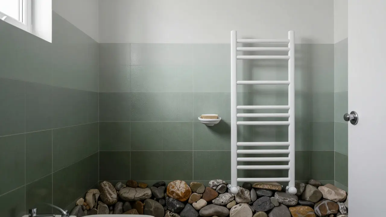 Koupelna s ombré stěnou od olivově zelené ke šedozelené, minimalistický design.