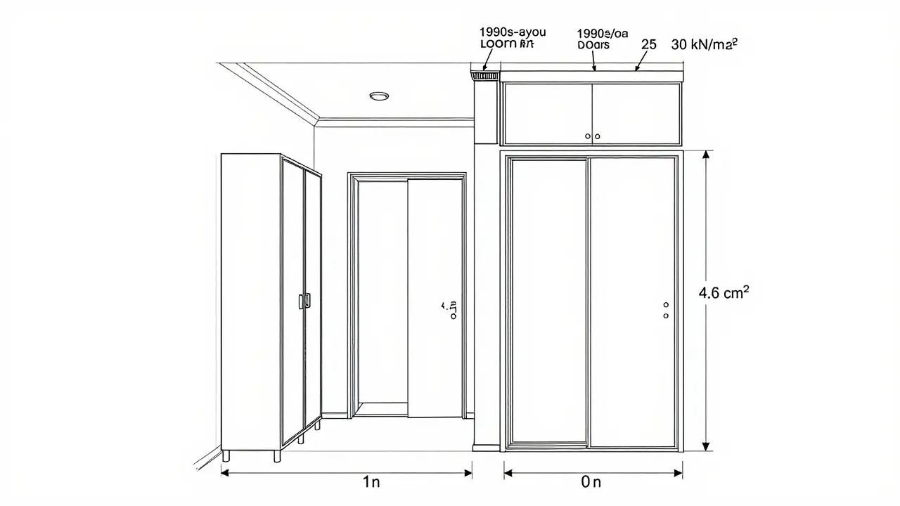 Křížový řez vstupní zóny: tradiční skříň vs. posuvné dveře a závěsná skříň s ušetřeným prostorem.