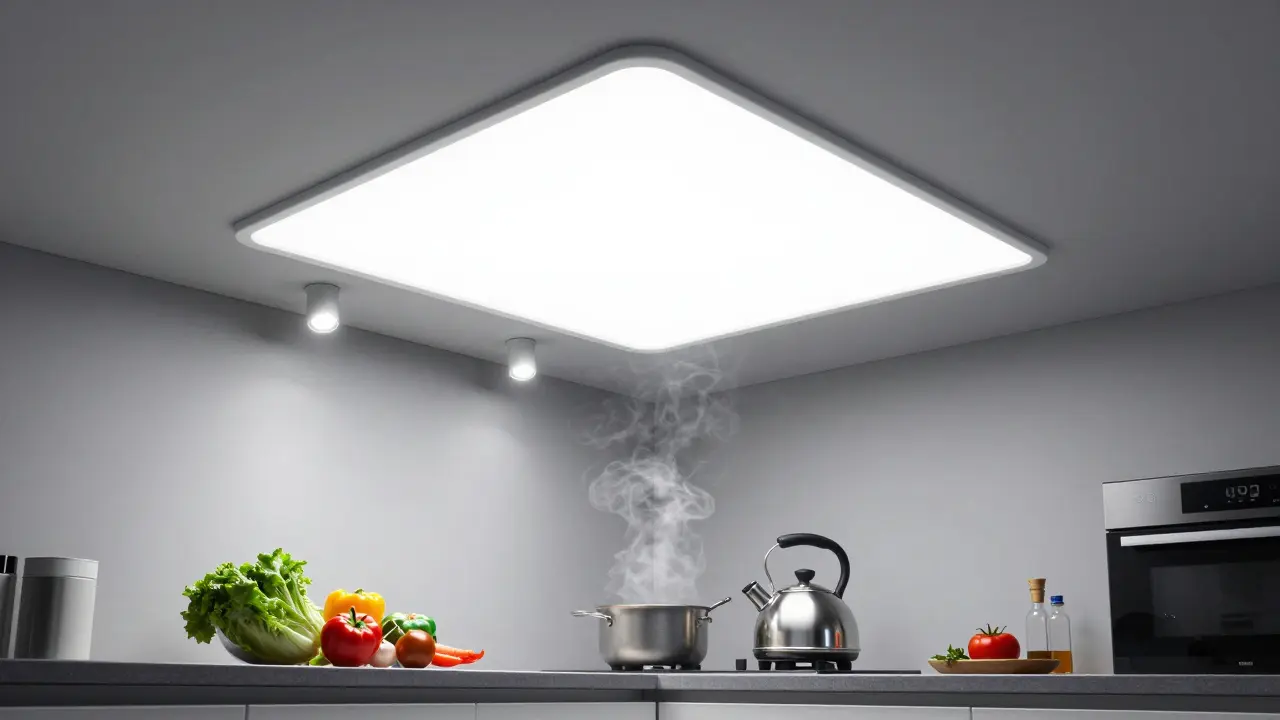 Kuchyně s centrálním LED panelem a bodovými světly nad pracovní deskou, osvětlujícími jídlo přirozeně.