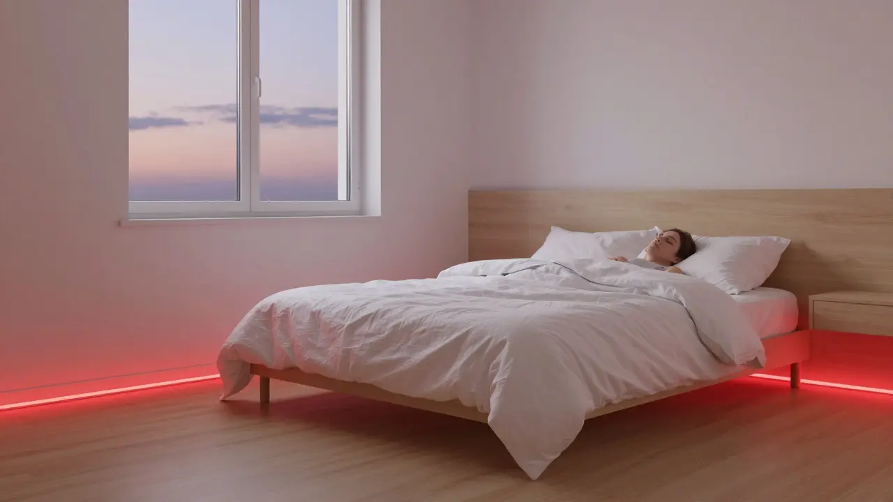 Ložnice s jemným červeným světelným pruhem a neutrálními barvami, symbolizující klidnou energii.