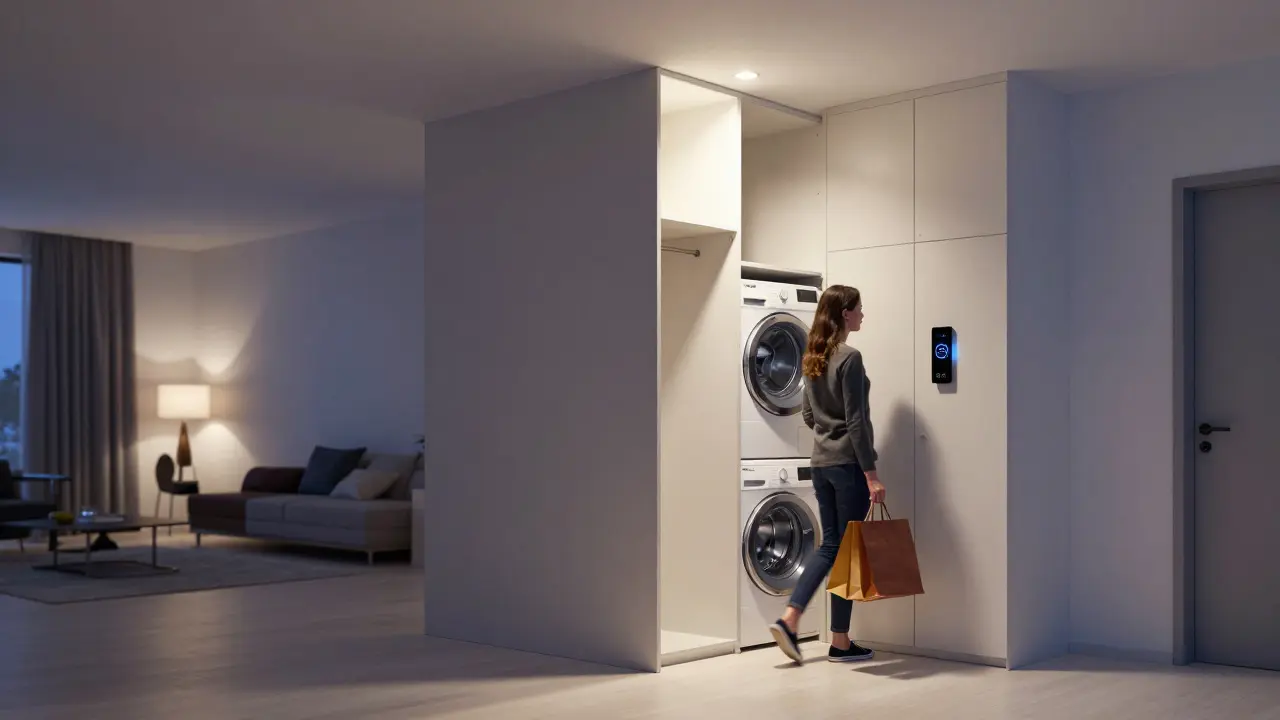 Moderní vstupní zóna s automatizovaným osvětlením, závěsnou skříní a zabudovanou pračkou v českém bytě.