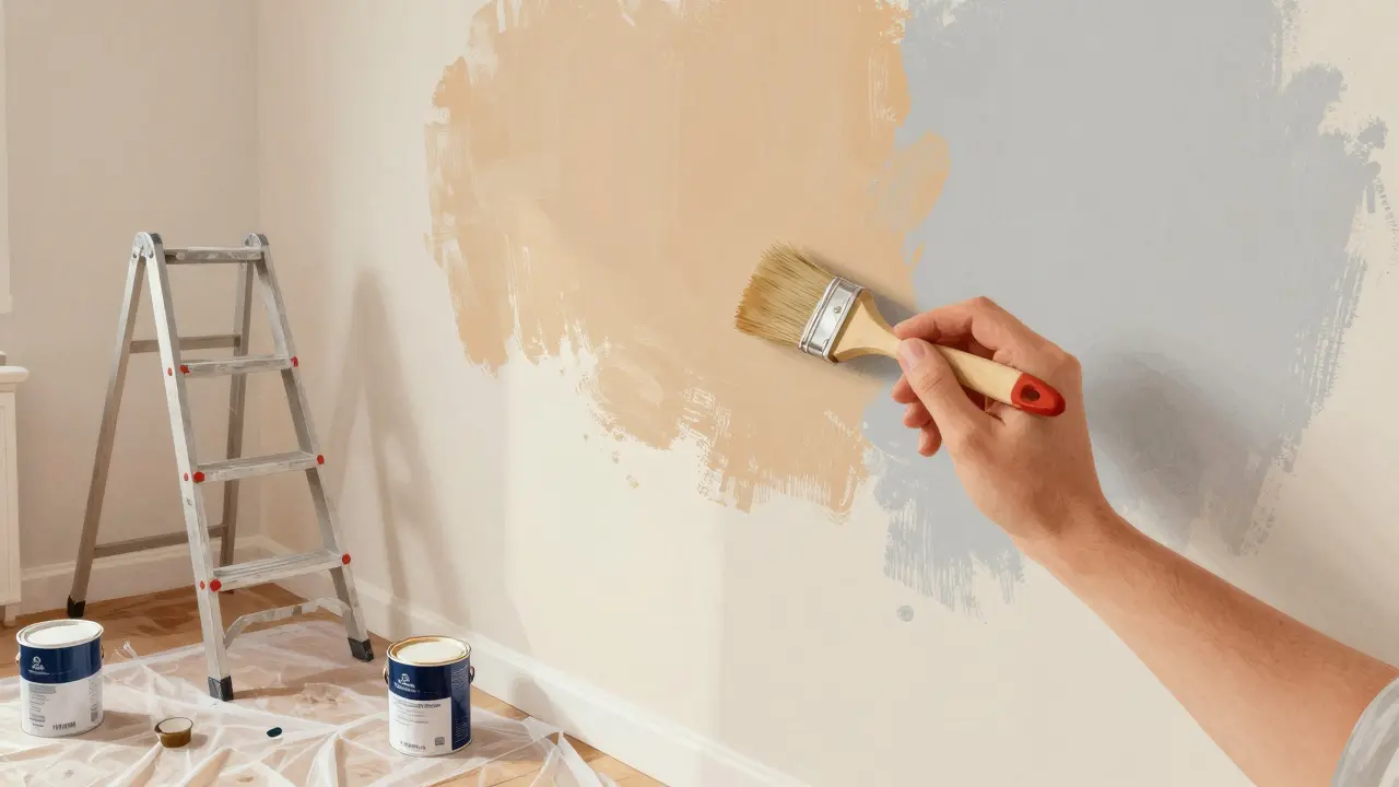 Osoba rozmazává barvu na stěně suchým štětcem při vytváření tónu v tónu.