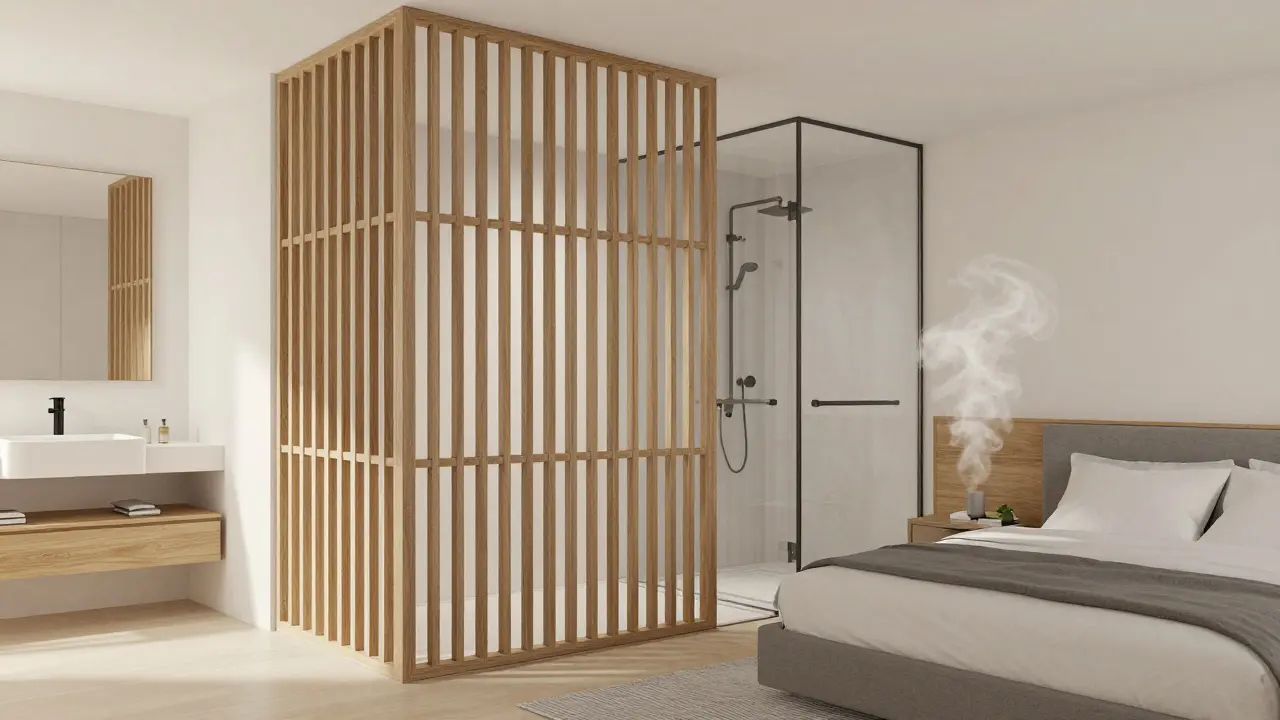 Otevřený prostor s částečnou lamelovou příčkou a sprchovým koutem vedle postele.