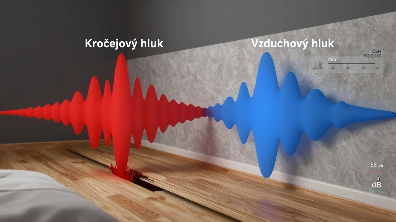 Porovnání šíření kročejového a vzduchového hluku skrz strop a stěnu.