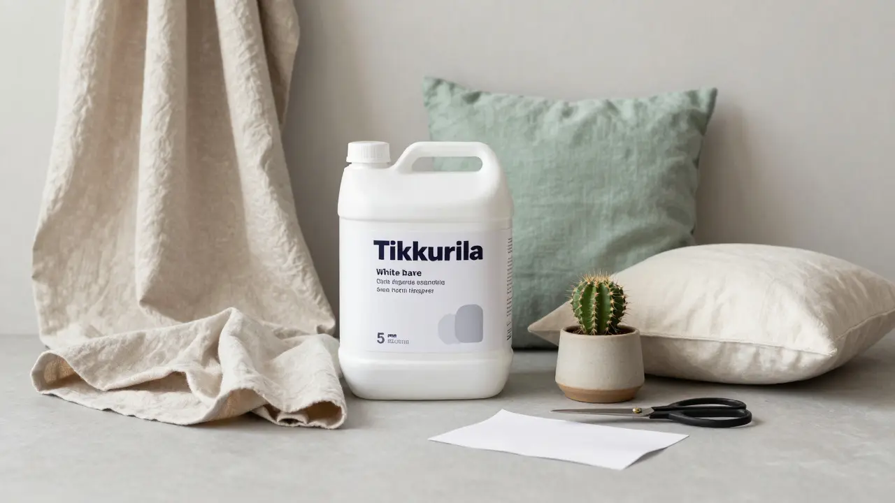 Přehled neinvazivních prvků pro staging bytu: barva, textilie, rostlina a vzorek stěnové nálepky na neutrálním pozadí.