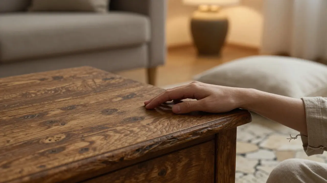 Ruce dotýkající se hrubého dřeva s bavlněným polštářem a keramickou lampou na pozadí.