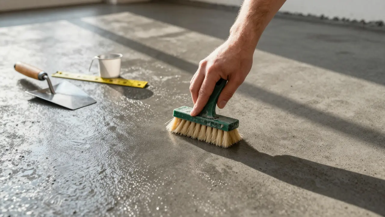 Ruka aplikuje lak na betonovou podlahu, symbolizující pečlivou údržbu a profesionální instalaci.