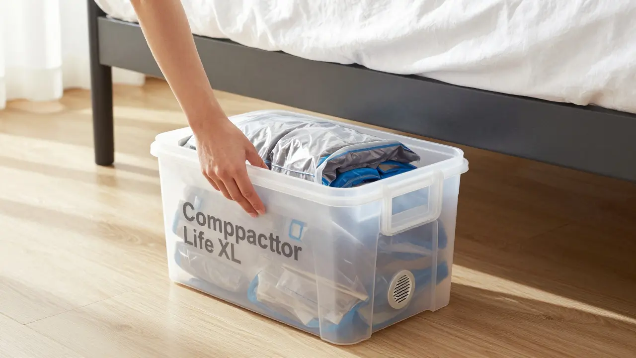 Ruka vytahuje tuhou vakuovou krabici Compactor Life XL zpod postele s vysokými nohami.