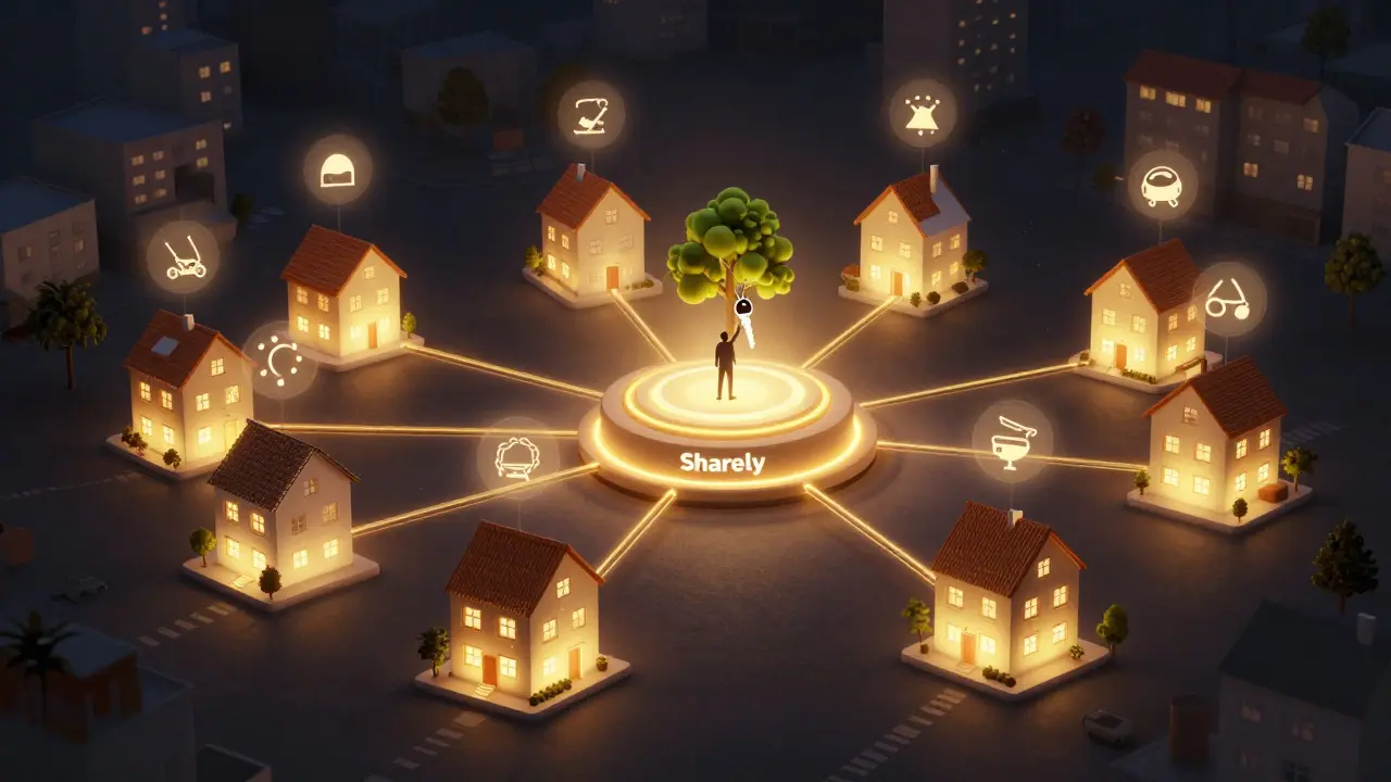 Síť domů propojená zlatými linkami s ikonami sdíleného nářadí, centrální digitální uzel a symbol udržitelnosti ve tvaru stromu.