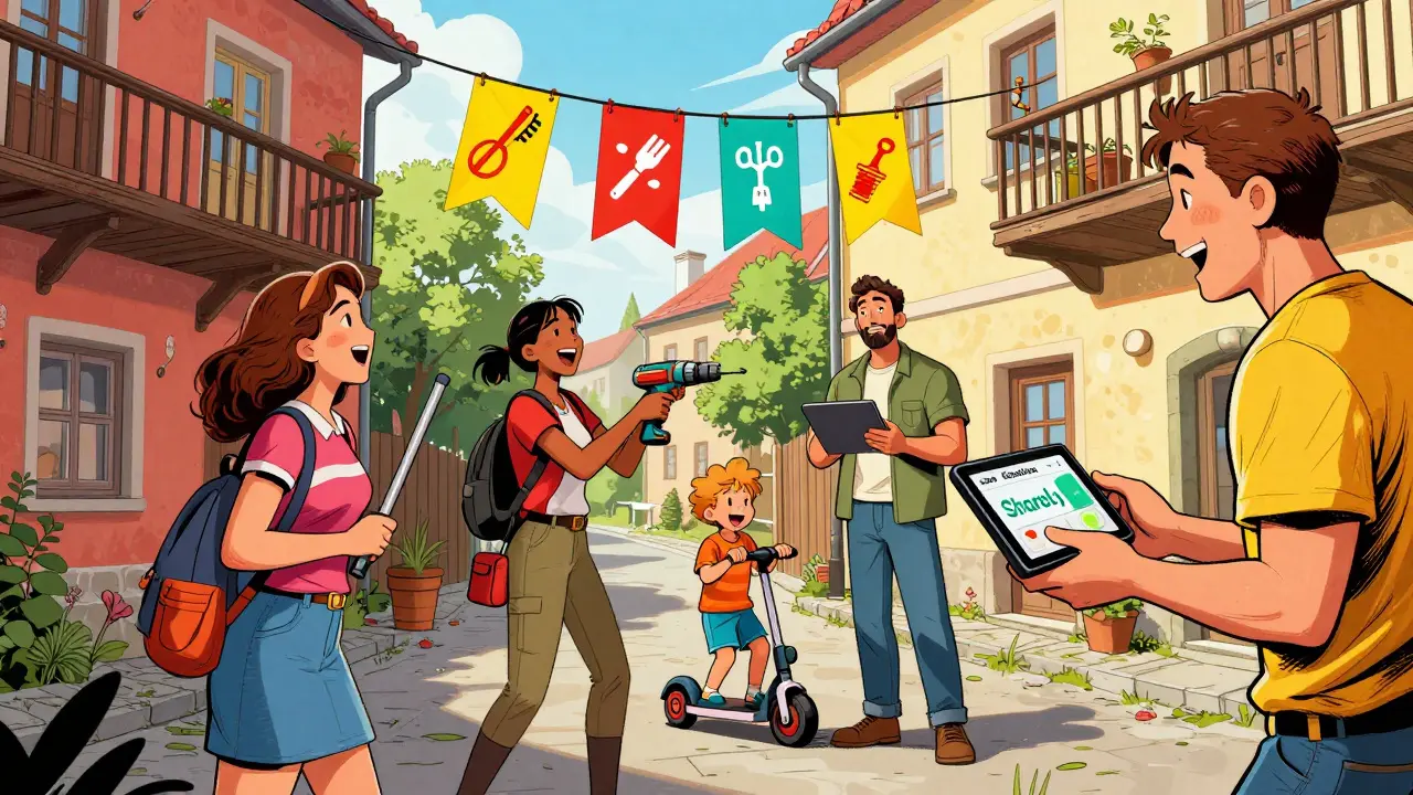 Sousedé si v zahradě předávají nářadí, jeden kontroluje rezervaci na tabletu, dítě hraje s elektrickým vozíkem.