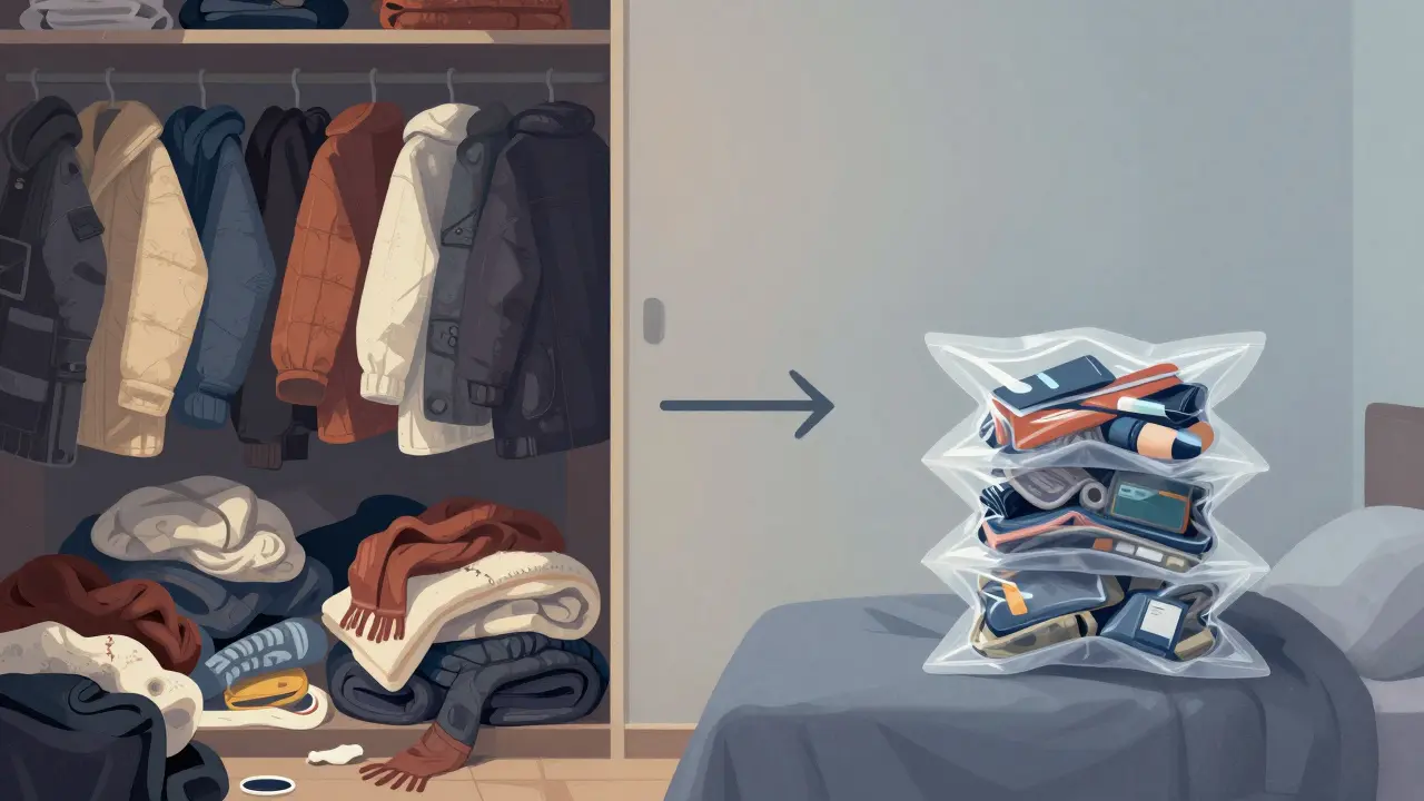 Srovnání nepořádku v šatníku a uspořádaného uložení pod postelí v abstraktním stylu.