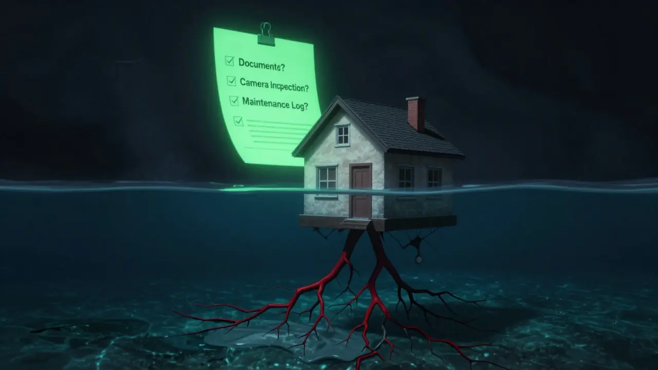 Symbolický obraz domu znečišťujícího podzemní vody s kontrolním seznamem souladu.