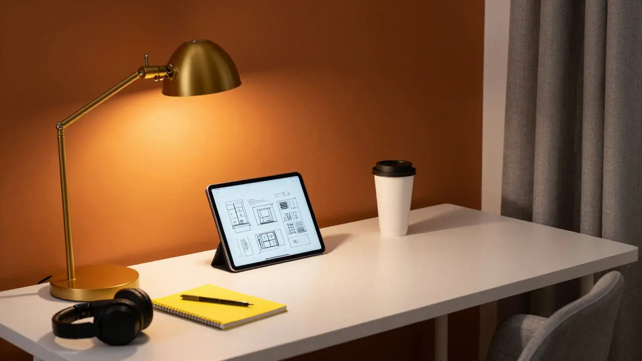 Teplá oranžová akcentní stěna s žlutým blokem a žárovkou pro kreativní práci v home office.