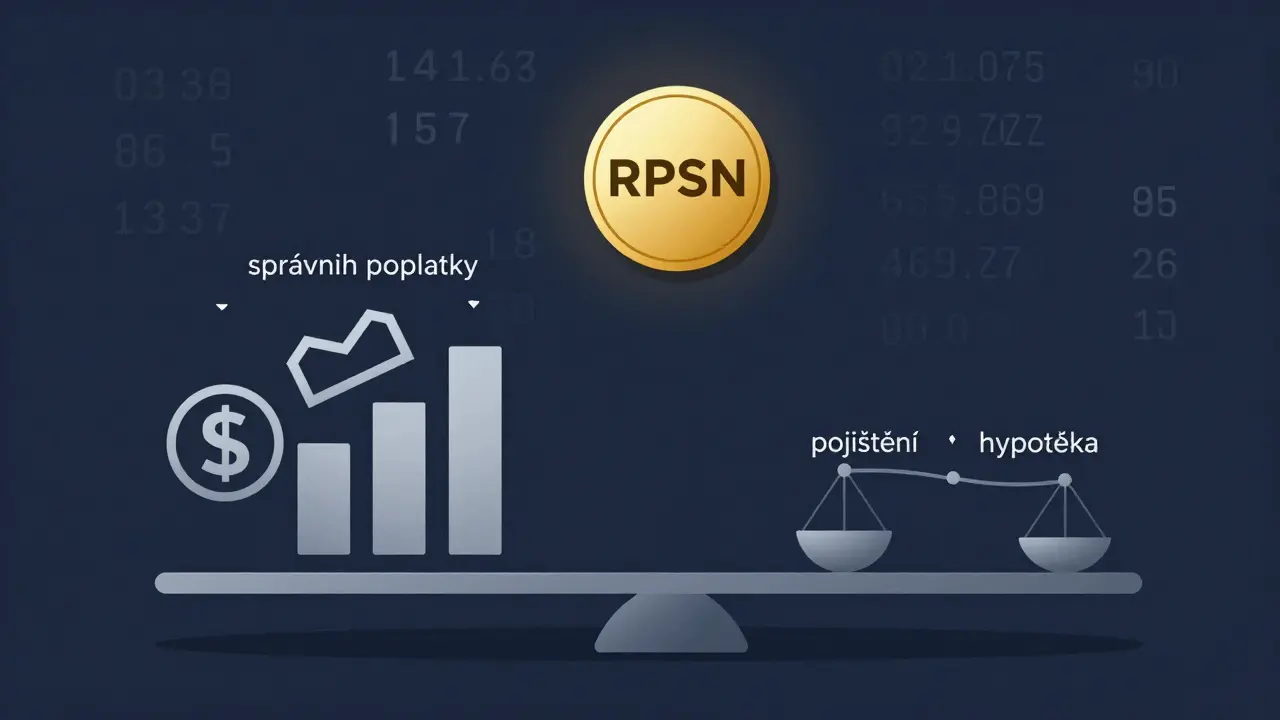 Váha s dvěma hypotékami: jedna s nízkým úrokem a vysokými poplatky, druhá s vyšším úrokem a nízkými poplatky.