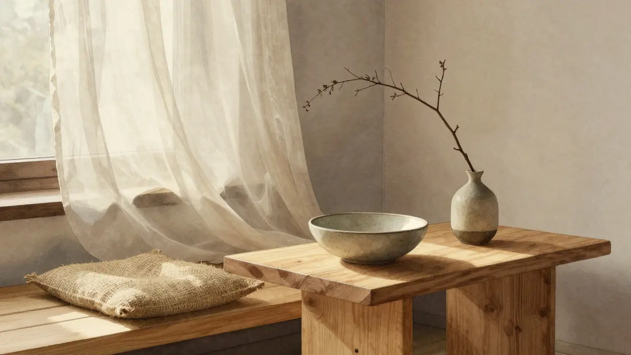 Vodováry obraz japonsko-skandinávského obýváku s přírodními materiály a jemnými stíny.