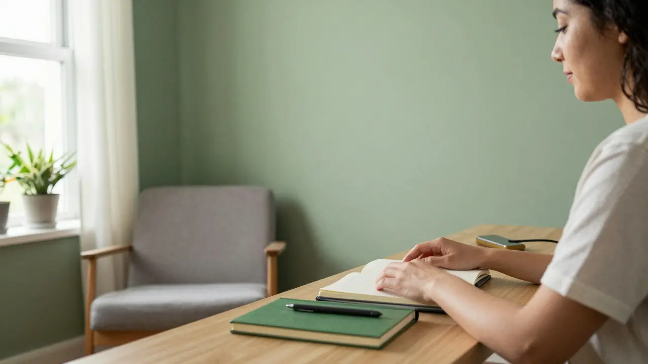 Zelená stěna v domácí kanceláři s pohodlným křeslem a přírodním osvětlením pro dlouhodobou práci.