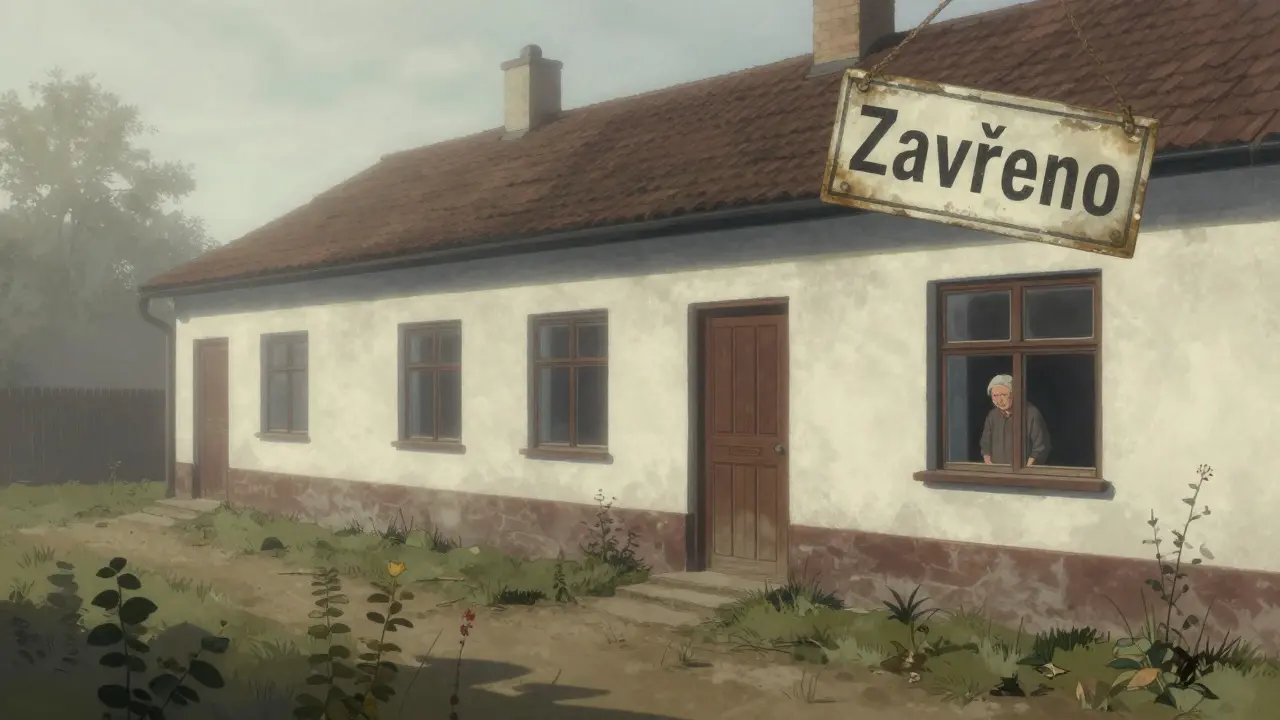 Abandoned village school in eastern Czechia with a lone elderly woman at the window, overgrown yard, and faded closure sign.