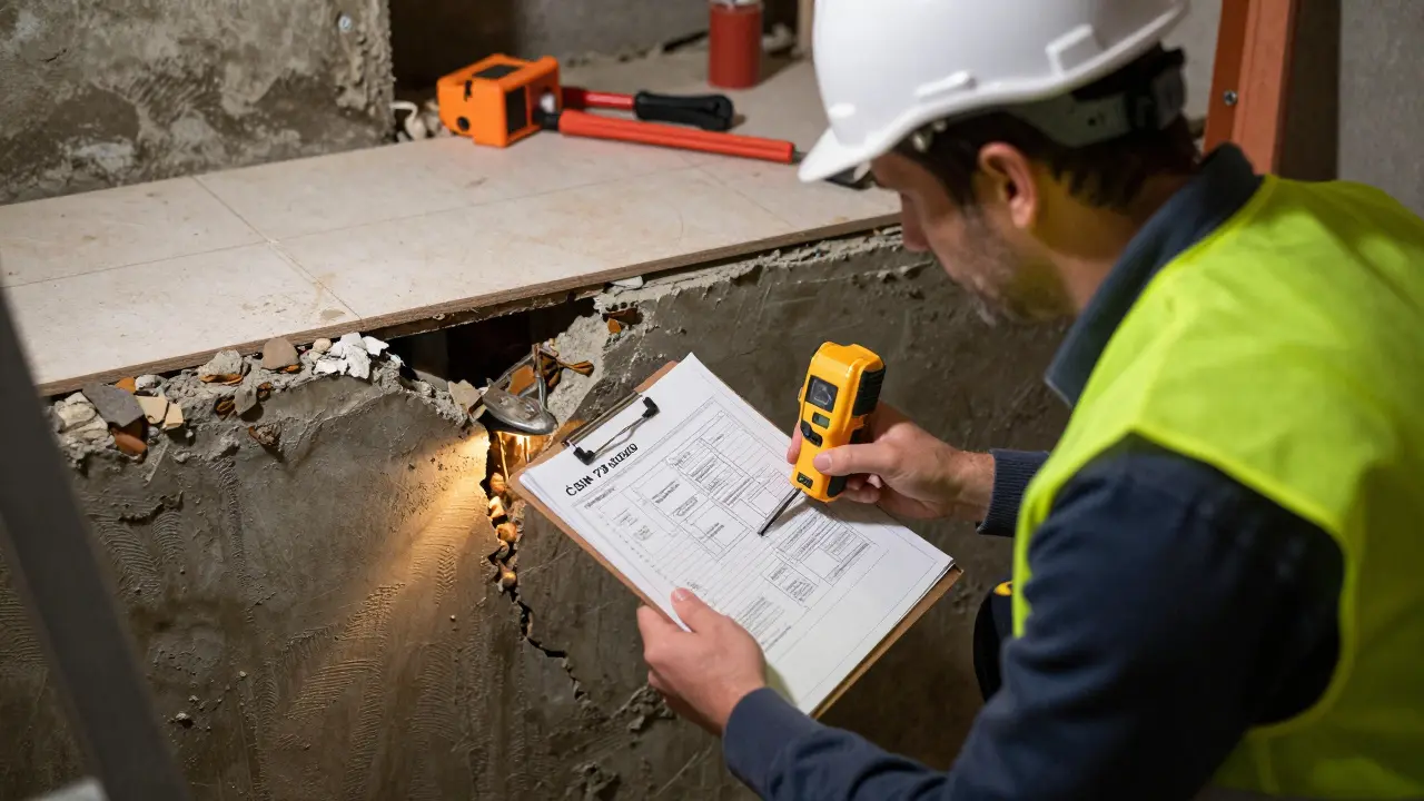 Akreditovaný znalec provádí technickou kontrolu základů domu s elektronickým měřicím přístrojem.