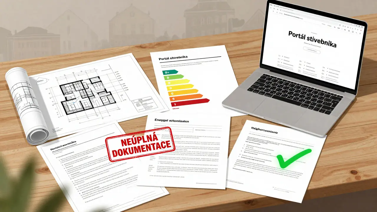 Architektonická dokumentace na stole s podepsanými souhlasy a digitálním přihlášením.