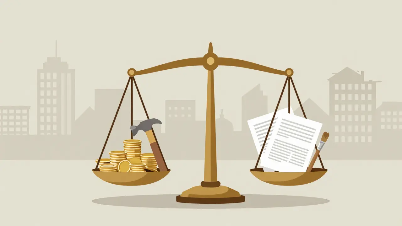 Balance scale weighing a home against financial and renovation factors for fair pricing.