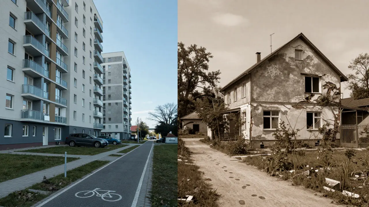 Contrasting scenes: vibrant Brno apartment complex on the left, crumbling rural house on the right, connected by fading footprints.
