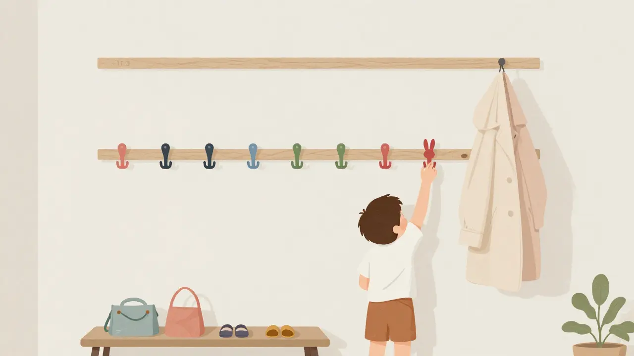 Dvě úrovně háčků v předsíni: nižší pro děti, vyšší pro dospělé, s lavicí pro boty.