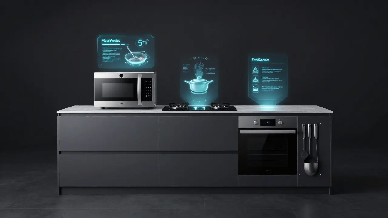Futuristic small kitchen with AI microwave and EcoSense appliances, glowing indicators, and magnetic vertical storage.