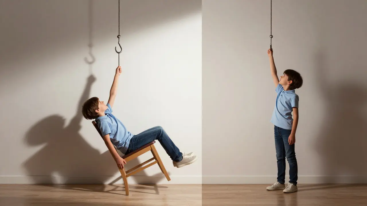 Kontrast mezi nebezpečným dosahováním vysokého háčku a bezpečným používáním dětské výšky.