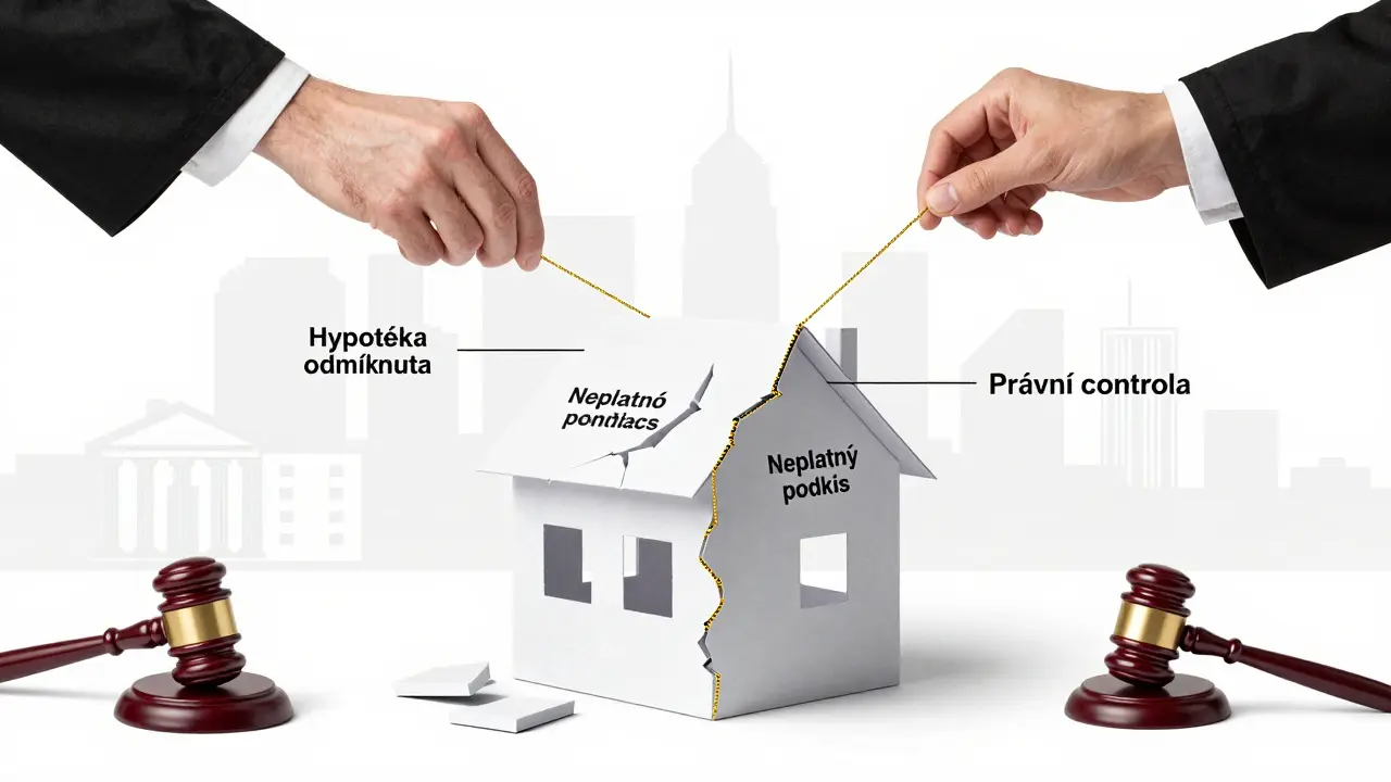 Kreslený dům z smluv se říhá, právník ho opravuje zlatou nití — symbol ochrany před ztrátou peněz.