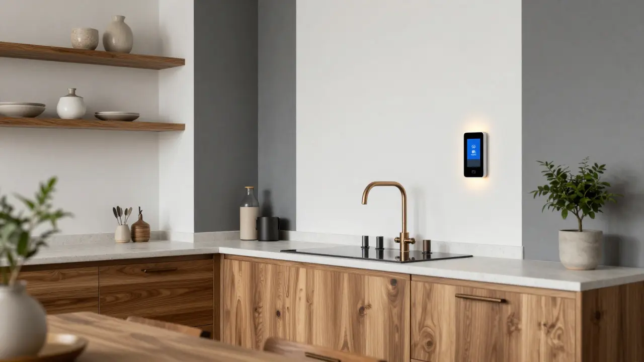 Kuchyň s matnými kovovými detaily, bílými a šedými stěnami a chytrým osvětlením, které zdůrazňuje přírodní barvy.