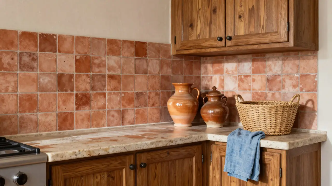 Kuchyně s ručně vyrobenými terakotovými dlaždicemi, kamenitým ostrovem a dřevěnými škříněmi s kovovými detaily.