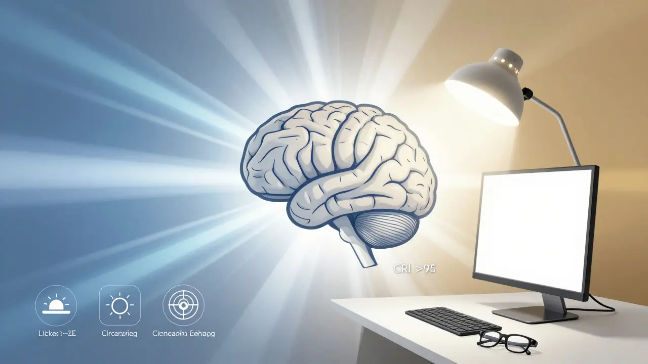 Lidský mozek obklopený různými spektry světla, symbolizujícími vliv kvality osvětlení na koncentraci a zdraví.