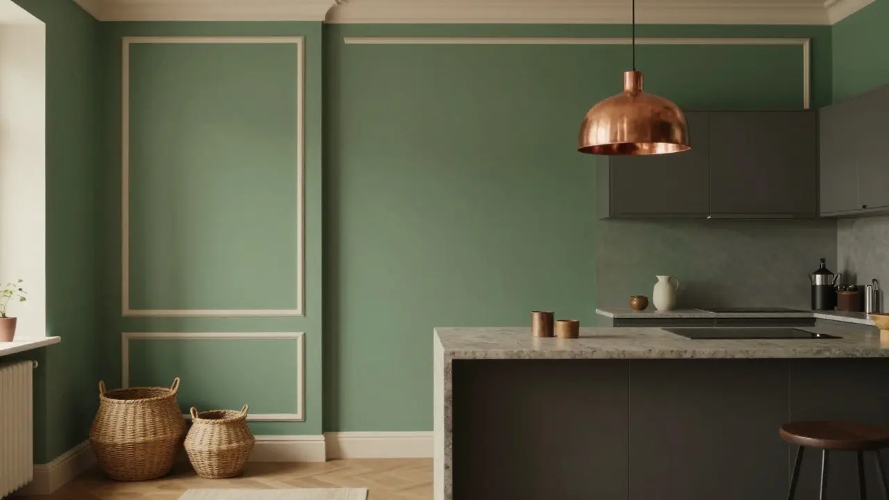 Malý obývací pokoj s tlumenou smaragdově zelenou stěnou, béžovými detaily a matnými kovovými akcenty.