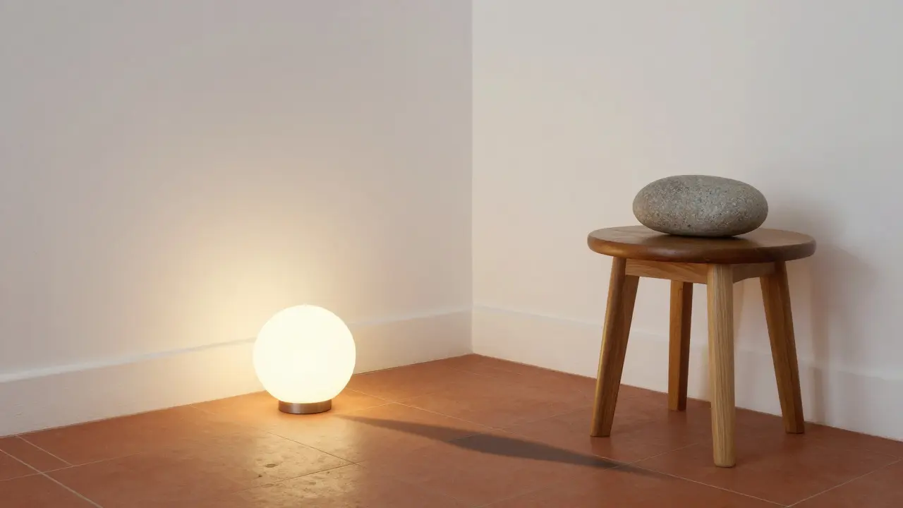 Minimální interiér s jednou terakotovou dlažbou a kamenem na stole, kde stín připomíná mořskou vlnu.