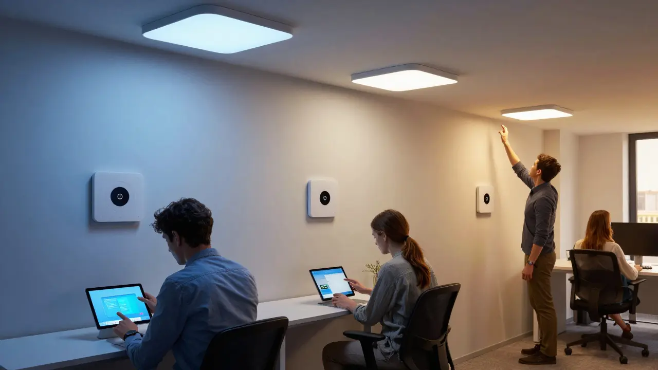 Moderní kancelář v průběhu dne s dynamickým osvětlením, které se přizpůsobuje rannímu, polednímu a večernímu cyklu.