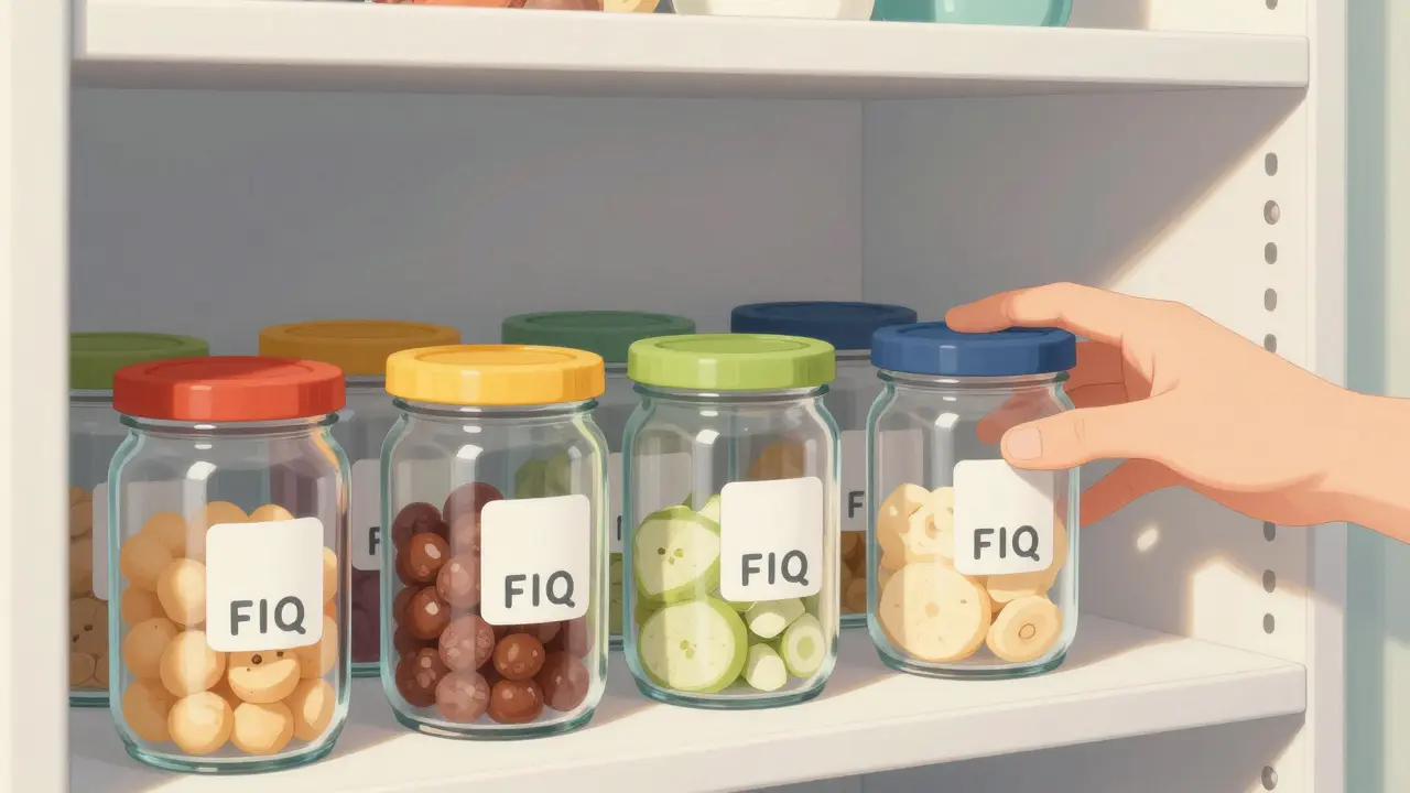 Organizovaná spíž s skleněnými nádobami a FIFO systémem.