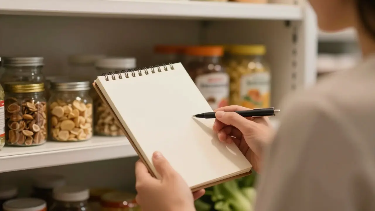 Osoba kontroluje zásoby v spíži v neděli večer s poznámkovým blokem.