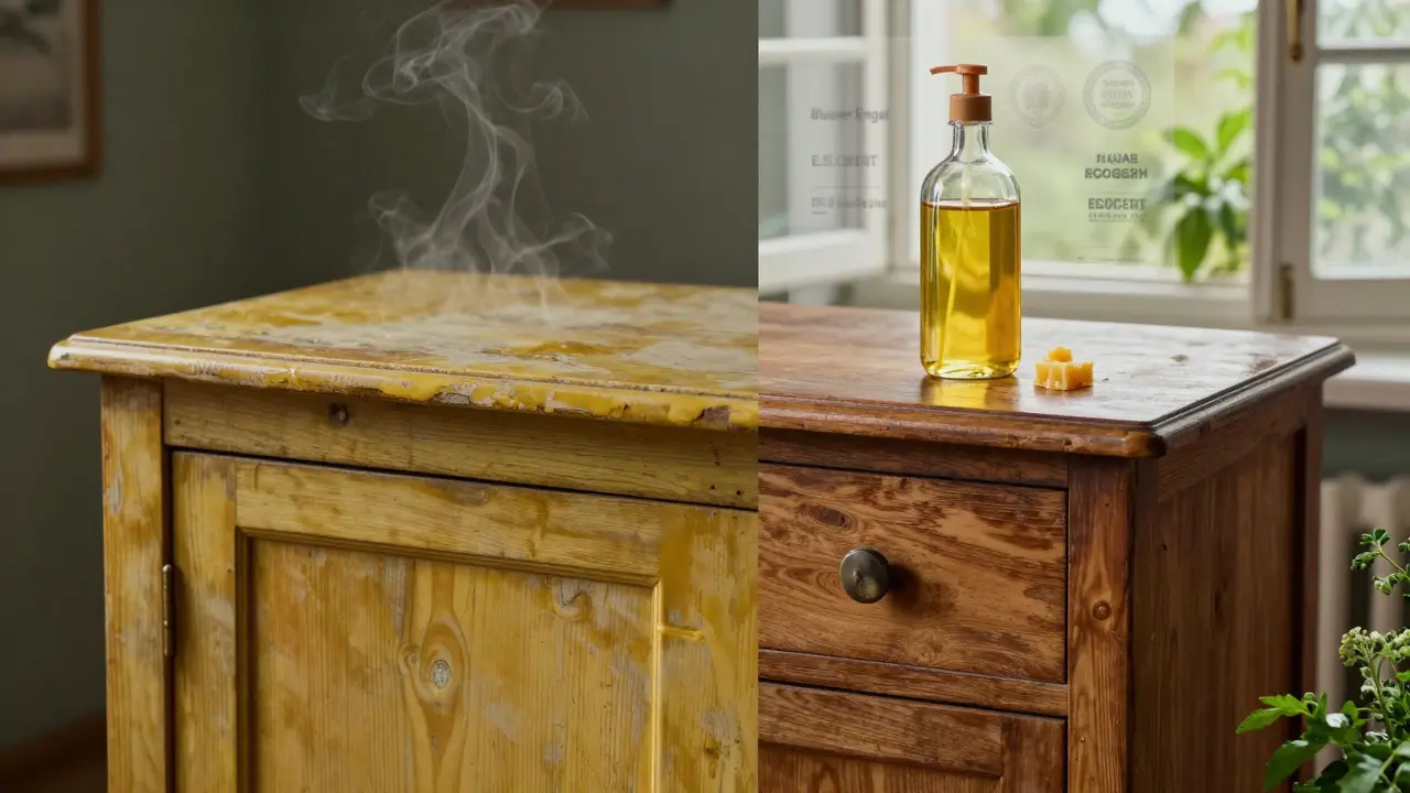 Porovnání starého syntetického laku a obnoveného přírodního nátěru na dřevěném nábytku.