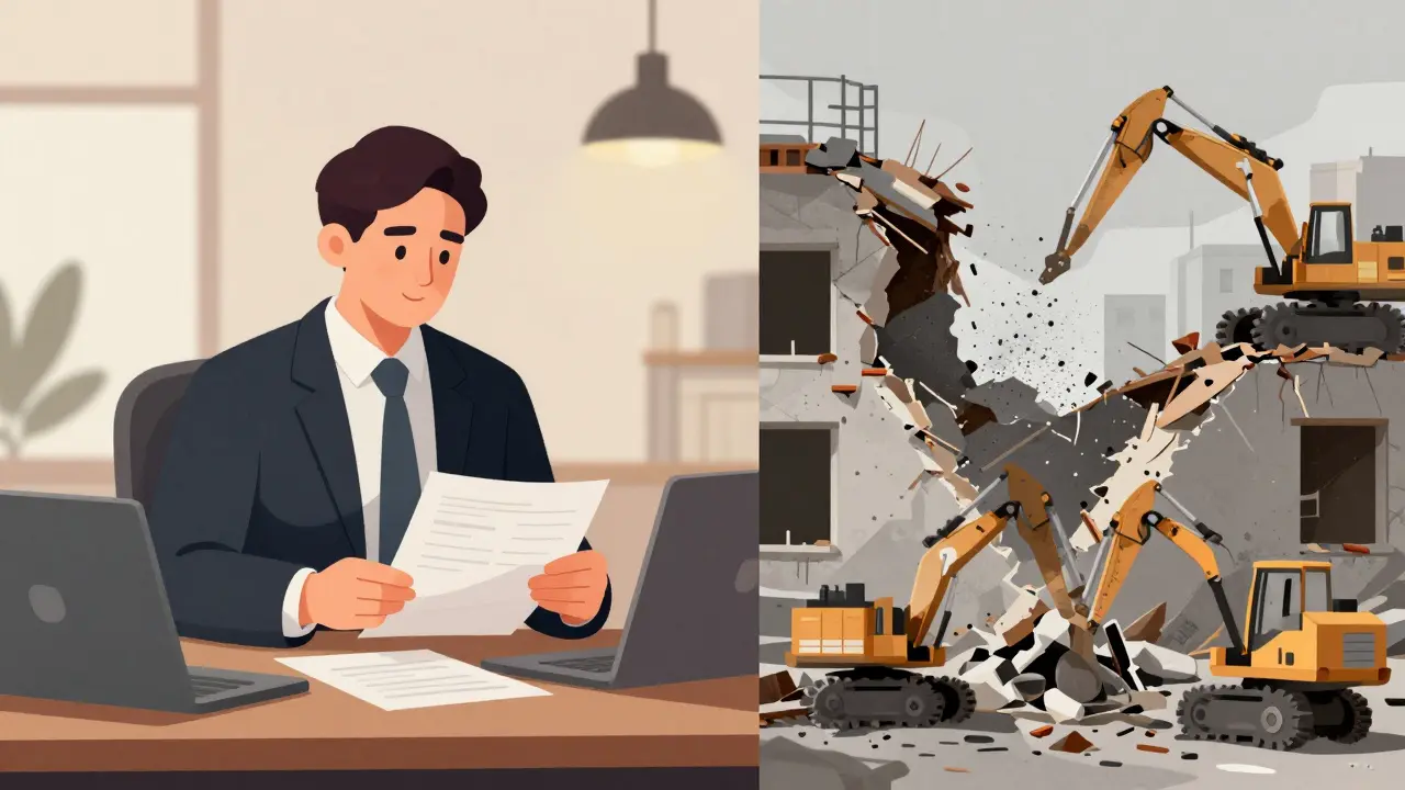Právník kontroluje dokumenty a demolice stavby