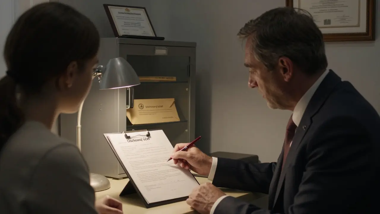 Právník v notářské kanceláři vysvětluje rezervační smlouvu mladému páru, záloha je v úschovně.