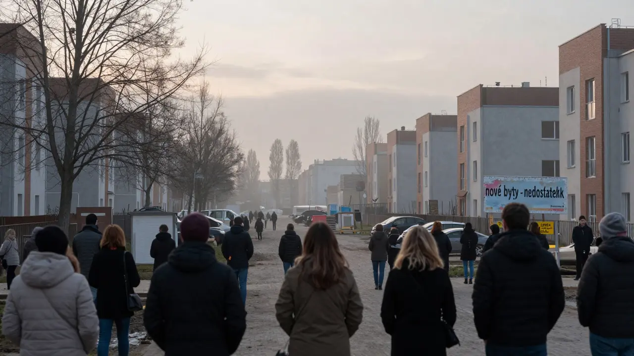 Prázdná stavební plocha a lidé hledící na budoucí byty
