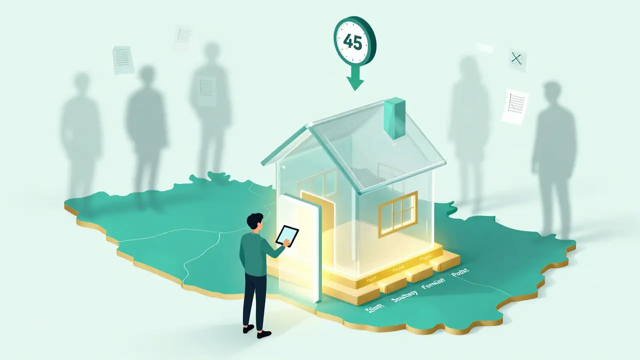 Průhledný dům s kroky procesu stavebního povolení, čas 45 dní, digitální odeslání.