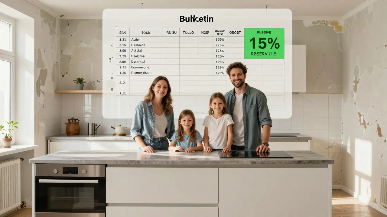 Rodina v nově rekonstruované kuchyni s přehledem původního rozpočtu a rezervou 15 % jako transparentní vrstva na pozadí.