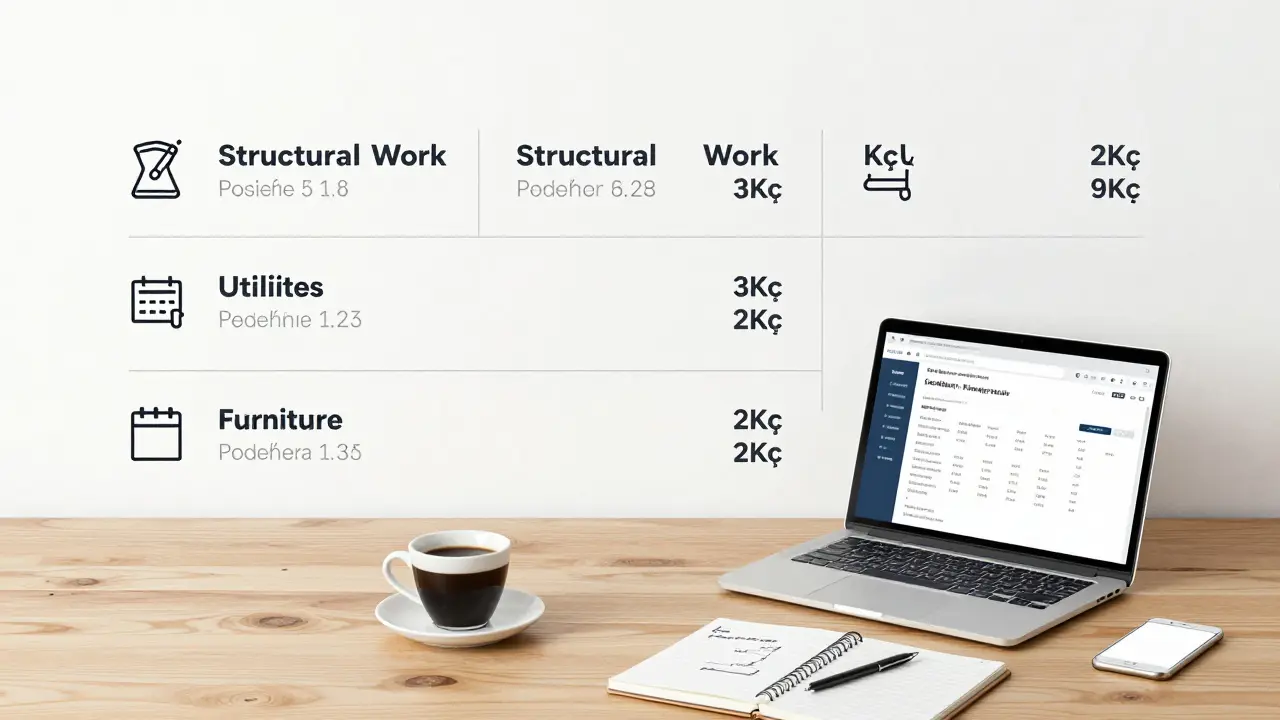 Rozložení rekonstrukčního rozpočtu na pět kategorií s cenami v Kč na stole vedle počítače s webovou kalkulačkou.