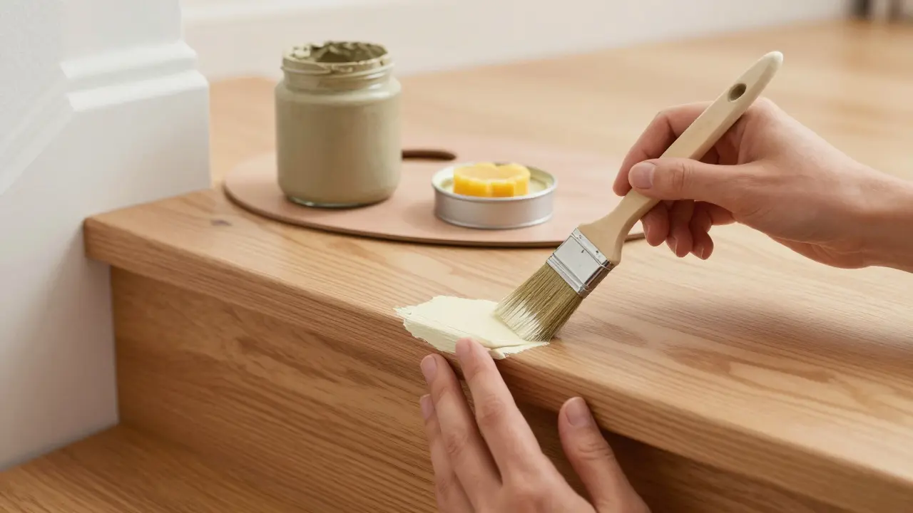 Ruce natírají přírodní mlékovou barvou dřevěné schody v českém domě.