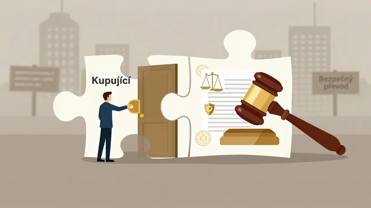 Složená skládanka s klíčem a soudním kladivem symbolizující spolupráci makléře a právníka.