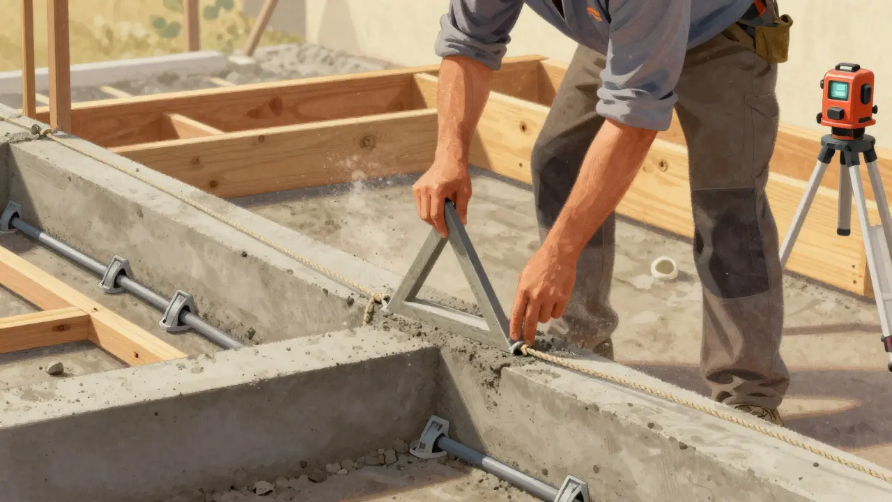 Stavitel používá metodu 3-4-5 pro kontrolu pravého úhlu při výkopu základů s dřevěným bedněním.