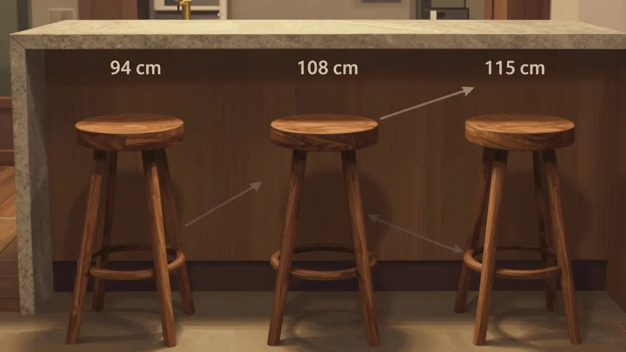 Tři úrovně kuchyňských pultů s odpovídajícími výškami židlí, znázorněné s ideálními rozdíly 25–30 cm, bez textu.